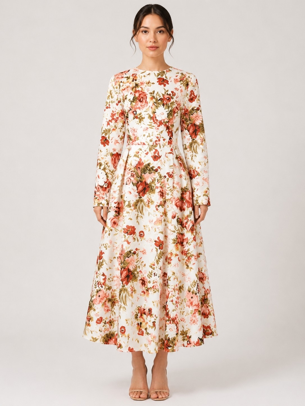 Boutique NWOT Floral Long-Sleeve Midi Dress in Blush White Sz L